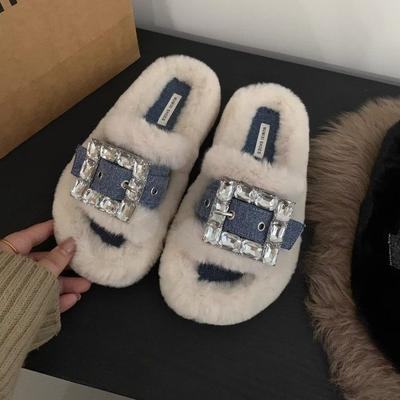 Двубортные тапочки с плоским дном для дома с толстым дном, плюшевые, белые, пушистые, женские, осенне-зимние, новые, односложные тапочки, прилив