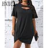 Женская мода лето весна однотонный принт с коротким рукавом и круглым вырезом повседневные платья