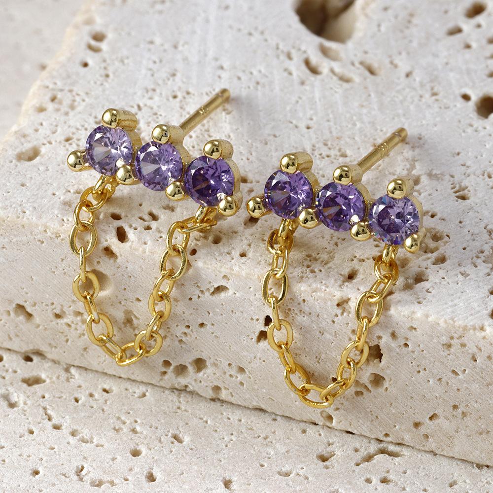 Cross-Border European and American Sterling Needle Multi-Color Zircon Stud Earrings Simple Personality Chain Tassel Eardrops