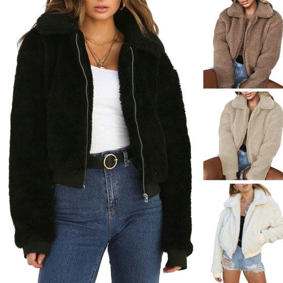 Женское зимнее пальто, толстое плюшевое однотонное пальто с длинными рукавами на молнии, мягкие теплые карманы с лацканами, повседневная эластичная манжета, уличная короткая куртка