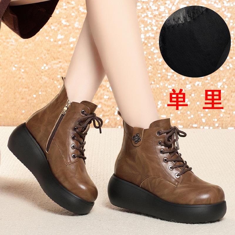 6 см Удобная Толстая Подошва Платформа Обувь Мягкая Кожа Ботинки Зима 2025 Средний Каблук Танкетка Короткий Мех Снежные Ботильоны для Мамы