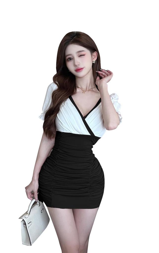PTORGE Tight Mini Cabaret Short High Puff Bodycon Switching Women's Dress, Dress, Dress, Dress, V-Neck, Waist, Sleeves, Dress, Sexy, Stretch, Party,