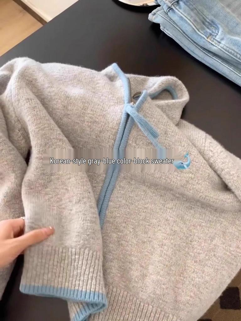 Женский вязаный кардиган с капюшоном - 2025 Осень/Зима Colorblock на молнии Повседневный свитер