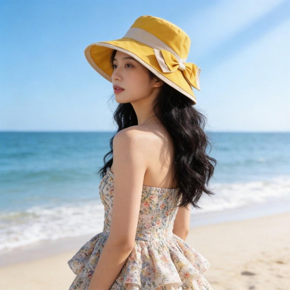 Wide Brim Summer Fisherman Sun Hats with Bow Outdoor Travel Sun Hat New Women Bucket Hats