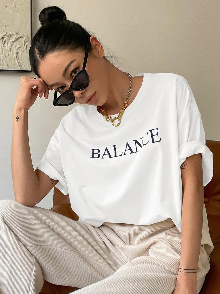 Футболки Balance Letter Printed Casual, женские летние свободные футболки большого размера с коротким рукавом, модная уличная футболка, 100% хлопок, одежда унисекс