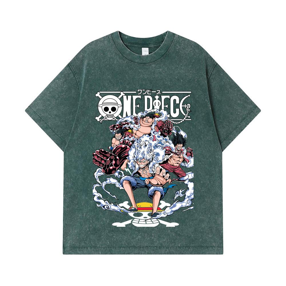 Стирка 275 г/м² Футболки 100% Хлопок One Piece V30 Принт Луффи Gears Унисекс Тяжелая Хлопковая Футболка