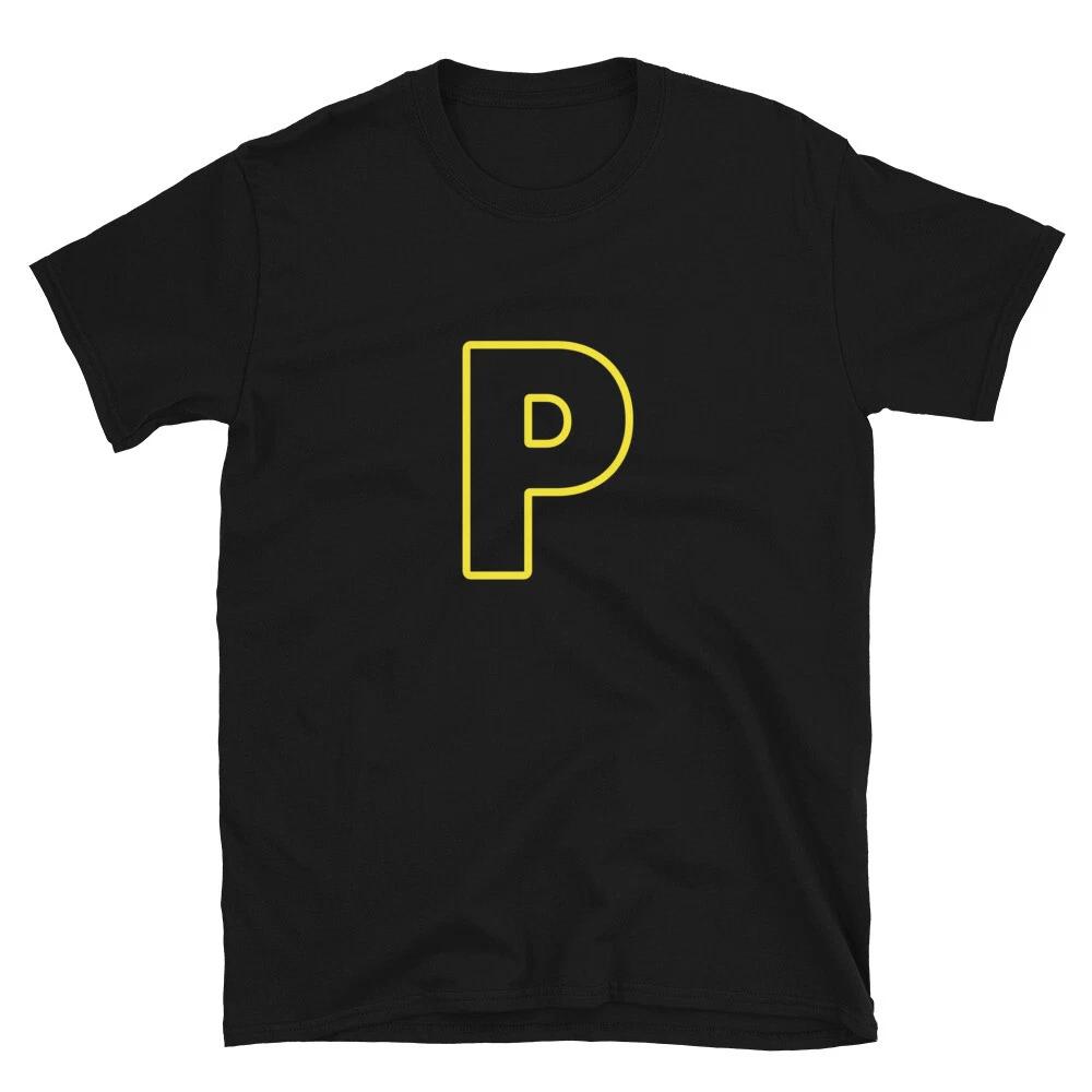Letter P Yellow Bold Font Simple Black T-Shirt