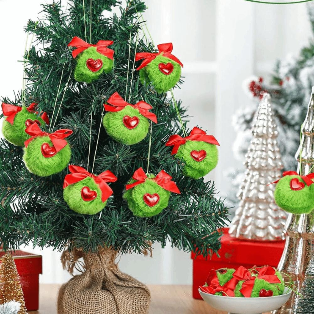 12Pcs Furry Christmas Green Elf Ball Soft DIY Green Christmas Balls 6cm with Bow and Heart Christmas Tree Hanging Decoration
