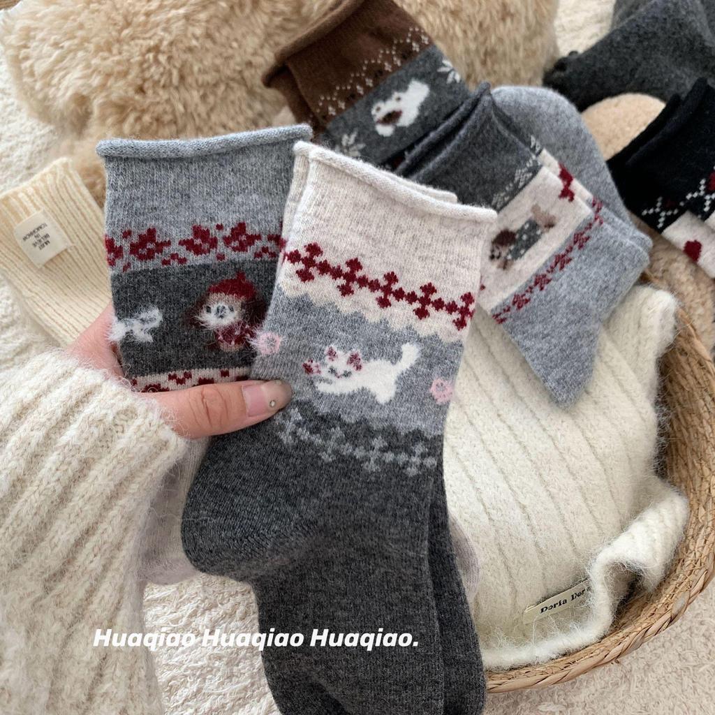 Женские носки до середины икры с узором Fair Isle и мультяшным дизайном, из велюровой шерсти - Осень/Зима, Толстые и теплые, Японский ретро дизайн с собакой