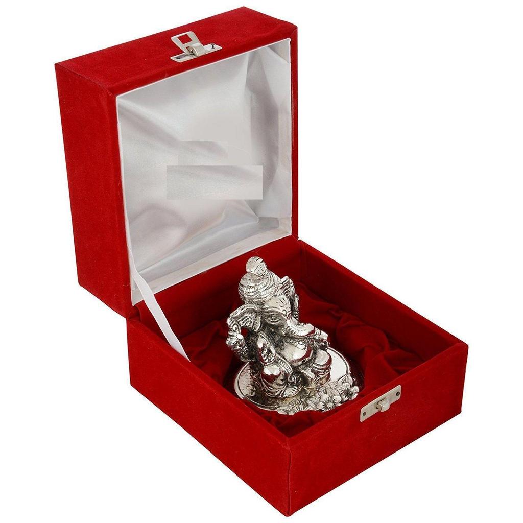 Посеребренная Пагди Ганеша Идол Статуэтка Бога Окисленная Отделка Красивая Бархатная Упаковка в Коробку и с Сумкой для Переноски