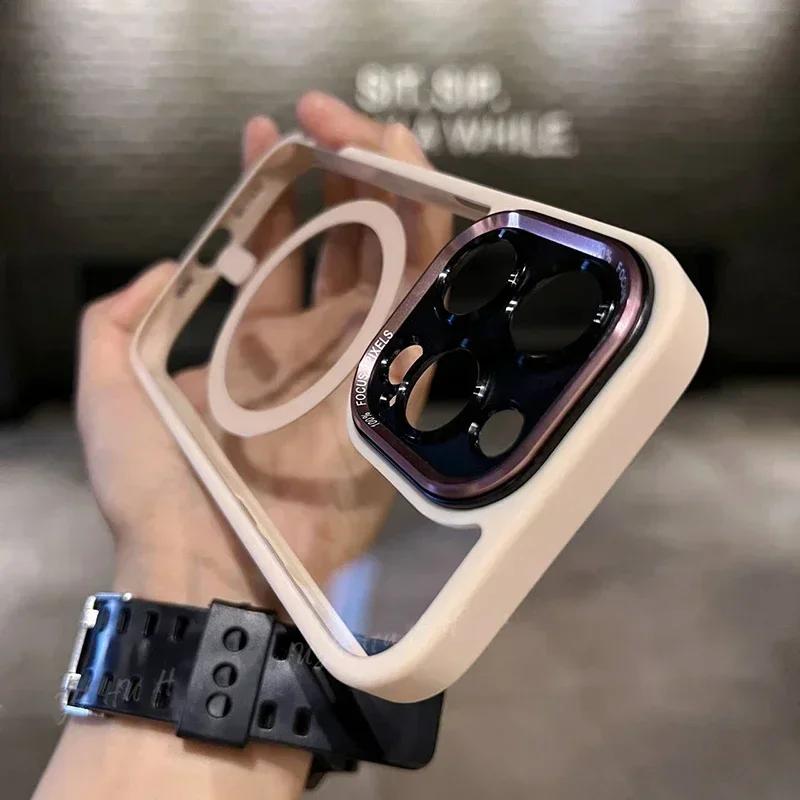 Роскошный магнитный бампер с защитой линз для iPhone 17 16 15 14 13 12 11 Pro Max Чехол Беспроводная зарядка Для Magsafe Жесткий чехол