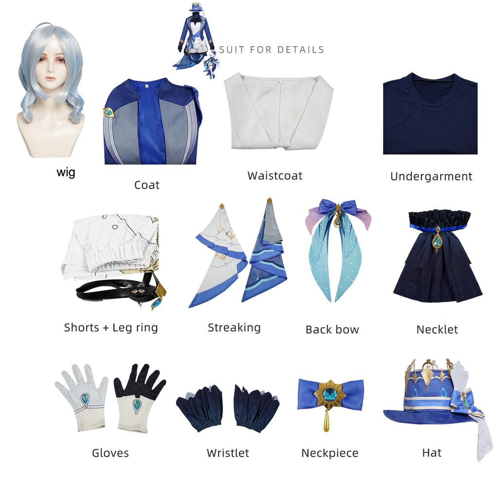 Игра Genshin Impact Focalors Косплей Шляпа Парик Волосы Полный комплект Карнавальное женское платье Униформа Костюм Экипировка Ролевая игра Маскарад Водный Бог