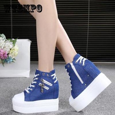 Женская парусиновая обувь, повседневная обувь на танкетке с толстой подошвой, кроссовки на танкетке со шнуровкой на высоком каблуке