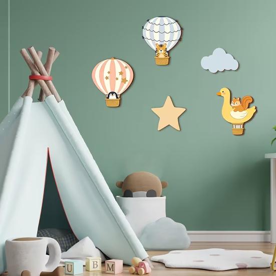5 Pcs Hot Air Balloon Wall Art with Star Cloud Cartoon Animal Wooden Balloon Nursery Decor Boho Wall Sculpture for Living Room Bedroom