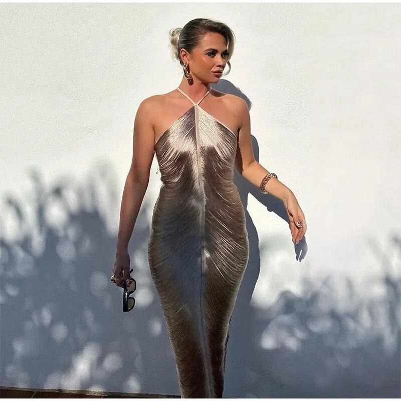 Женское элегантное блестящее металлическое платье-миди с лямкой на бретельках, женское облегающее платье без рукавов с открытой спиной, длинные платья, женские вечерние клубные вечерние халаты