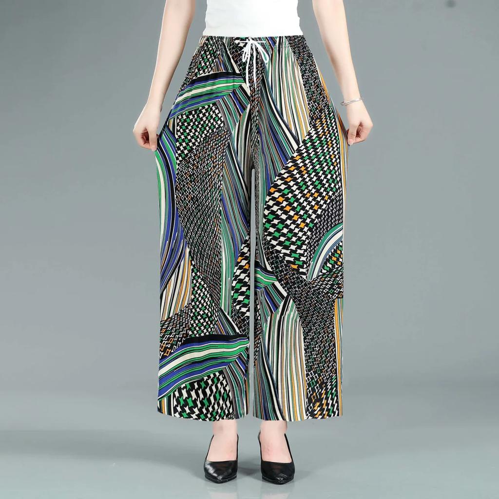 WTEMPO Women Spring Autumn Casual Versatile Loose Straight Leg Pants Large Size Elastic High Waist Printed Wide Leg Pants