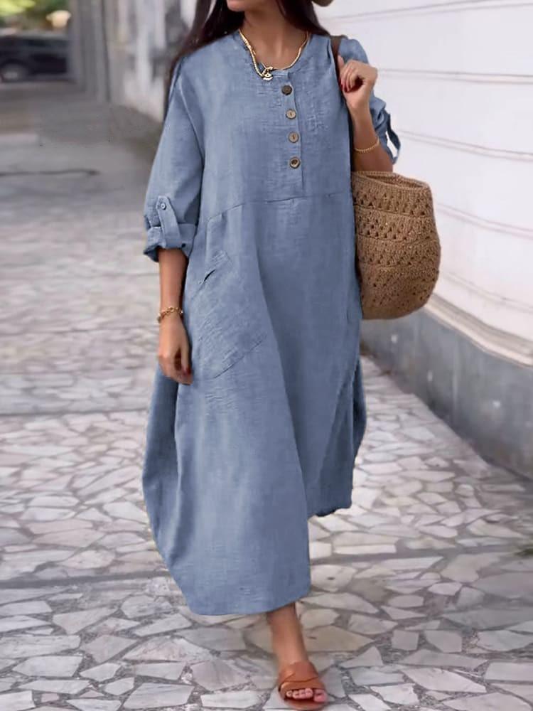 Casual Loose O Neck Pocket Women's Cotton Linen Dresses Spring Summer Solid Color Simple Female Vacation Dress