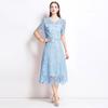 Summer Women Luxury Water Soluble Lace Two Piece Set Short Sleeve Single Breasted Blouses Top and Long Maxi Big Swing Skirt Suit