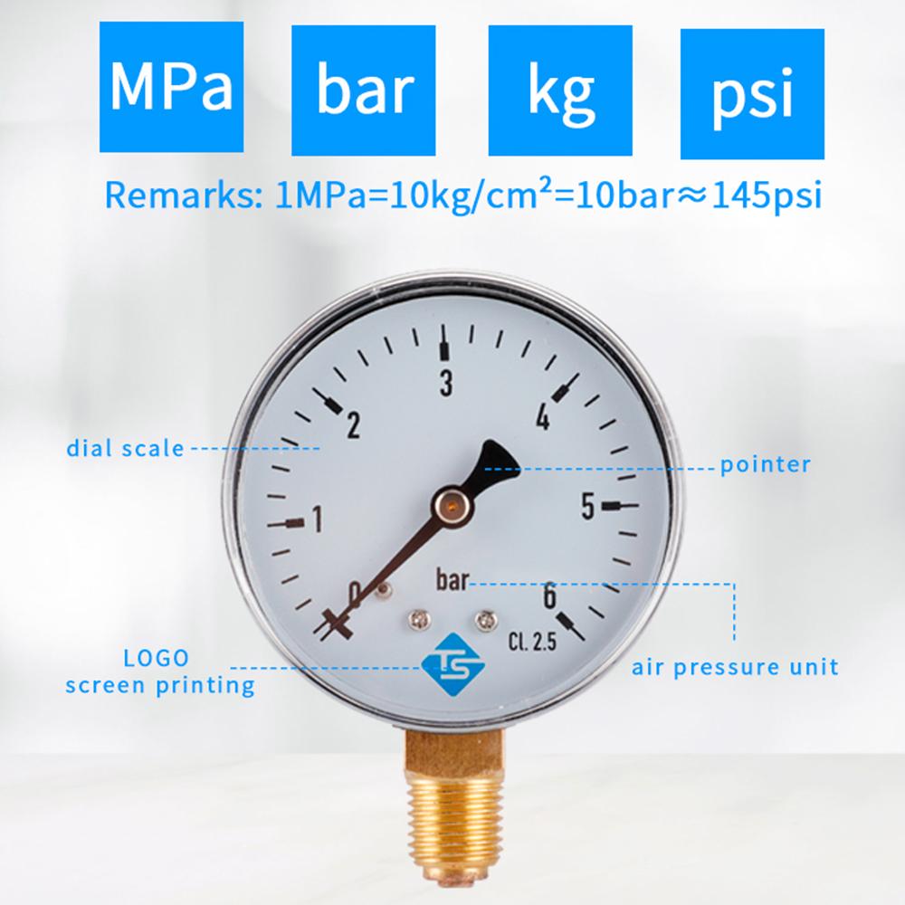 TS-60-6 60mm Large Dial Pressure Gauge 0-6 Bar Water/Gas/Air Pressure Gauge Compressor 1/4'' NPT Bottom Mount