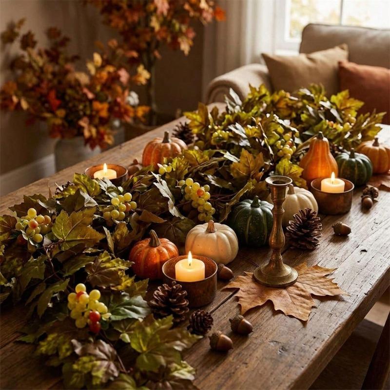 2Pcs Artificial Maple Leaf & Grape Berry Garland, for Harvest Festival & Halloween. Perfect for patio, wedding, home and holiday party decor.