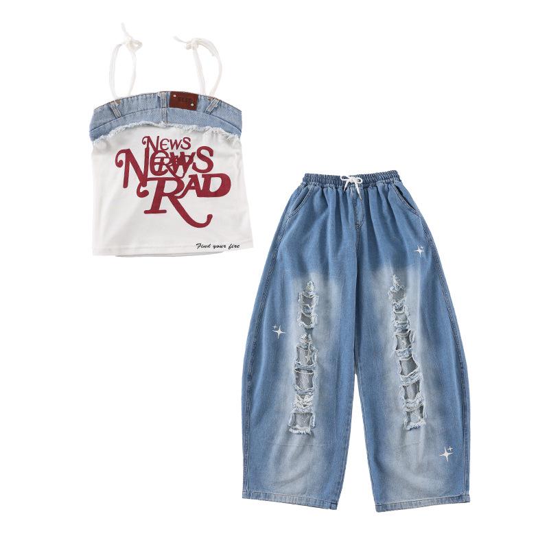 Костюм для джазового танца в корейском стиле для девочек - Детские рваные джинсовые шорты для летнего выступления.