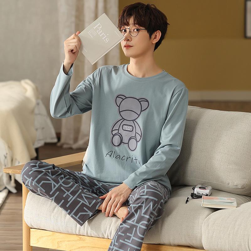 Тип Пижамный костюм из чистого хлопка на осень-зиму для мужчин с длинными рукавами из хлопка, комплект домашней одежды для мужчин, мягкая домашняя одежда для мужчин