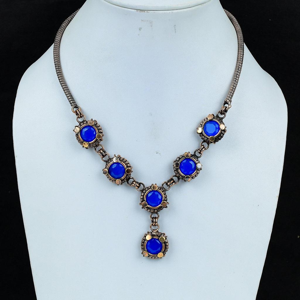 Ожерелье с синим сапфиром, Ожерелье из драгоценных камней ручной работы, Ожерелье, обернутое медной проволокой 999 пробы, Антикварное украшение, Для подарка на помолвку