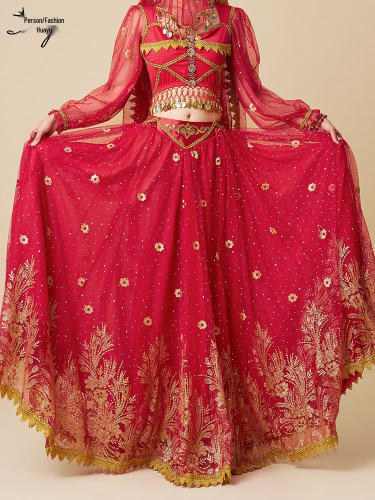 Костюм принцессы Дуньхуан из Западного региона для танца живота - Юбка-солнце 720° для экзотических выступлений.