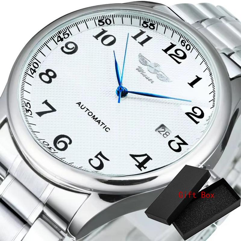 Fashion Business Automatic Mechanical Watch Men Time Master Leather Strap White Dial Calendar Date Montre Homme Winner Classic