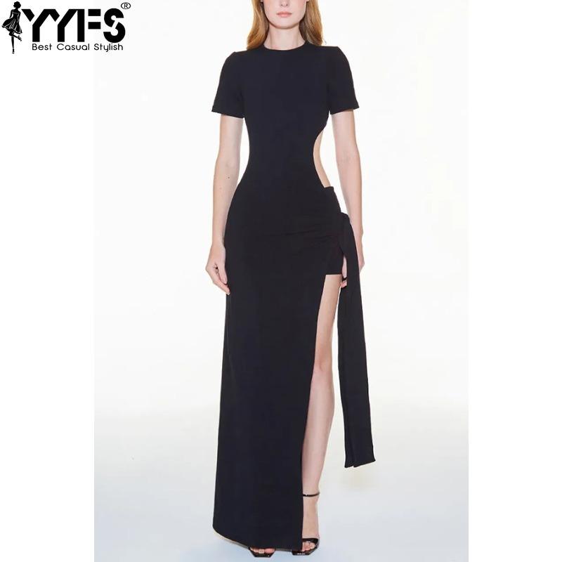 YYFS Женская мода лето весна однотонный принт с коротким рукавом и круглым вырезом с высокой талией повседневные платья