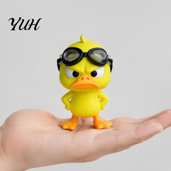 Fun Car Dashboard Decor 3D Printed Angry Yellow Duck Figurine with Detachable Swimming Goggles, Funny Accessories Statue, Desktop Ornament for