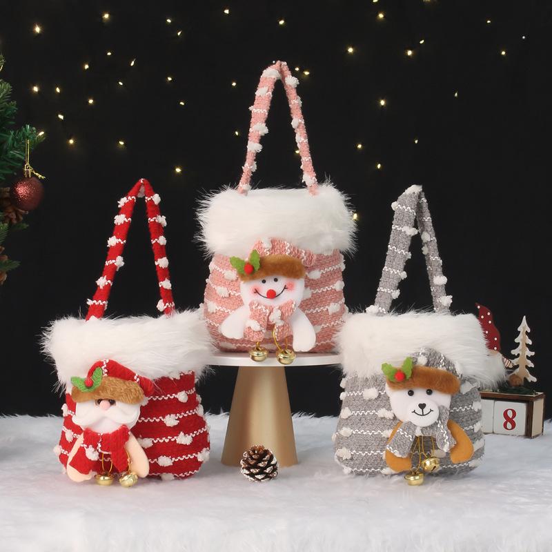 Christmas Apple Gift Bag Knitted Plush Santa Snowman Reindeer Bear Handbag Xmas Eve Candy Present Bag Holiday Party Decor