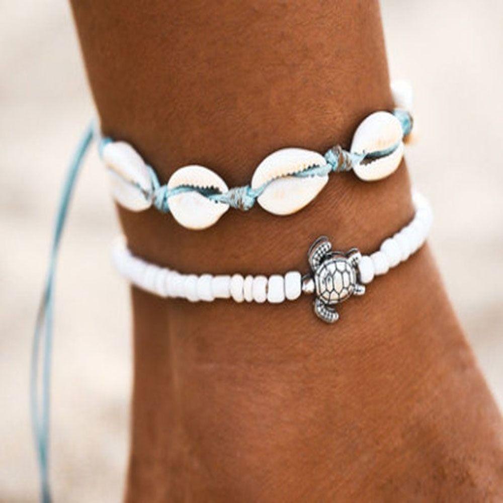 2PCS Shell Rice Beads Anklets Set Braided Rope Fashion Girl
