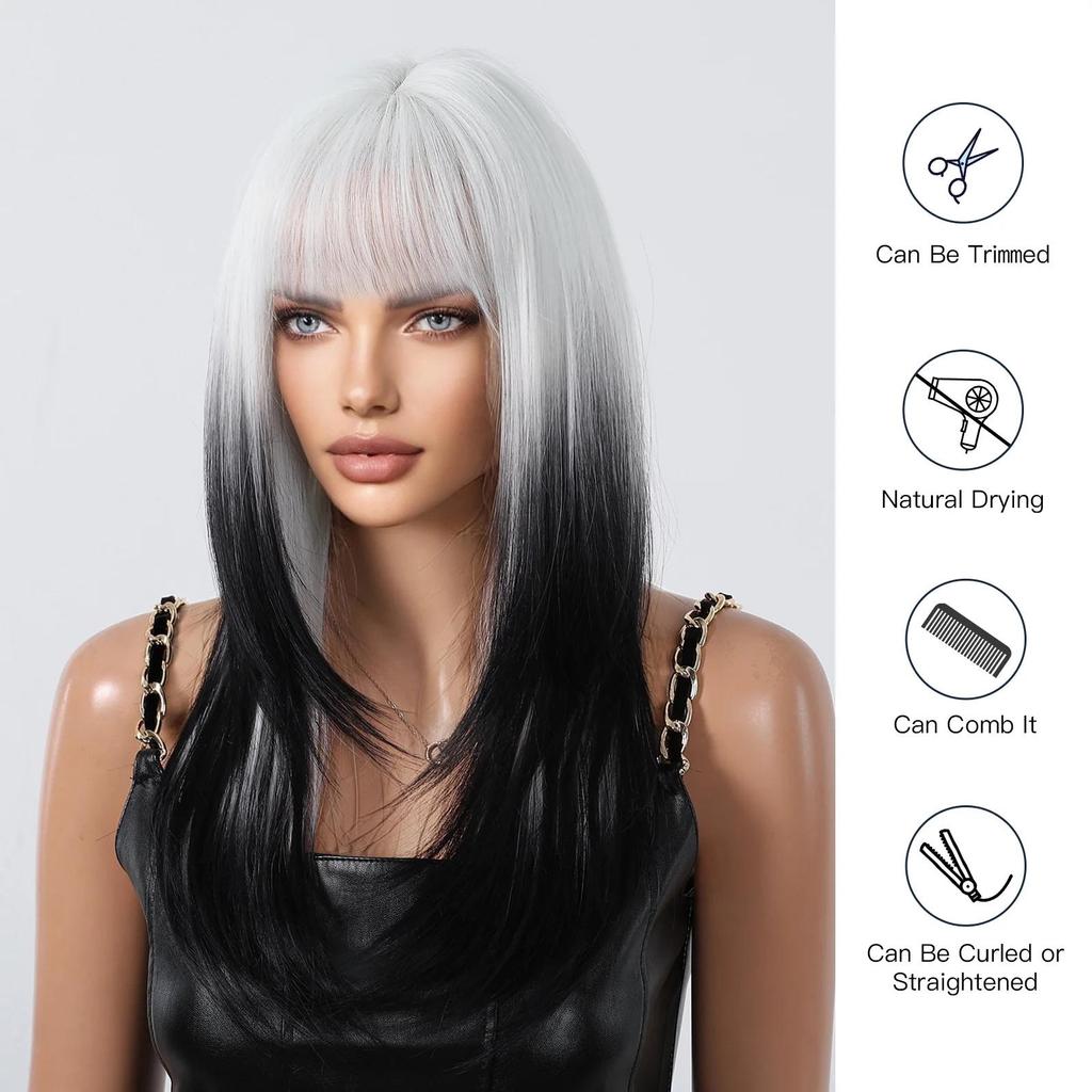 LOUIS FERRE Длинные прямые синтетические парики для женщин, белые, черные многослойные волосы с челкой, парики из термостойкого волокна на каждый день