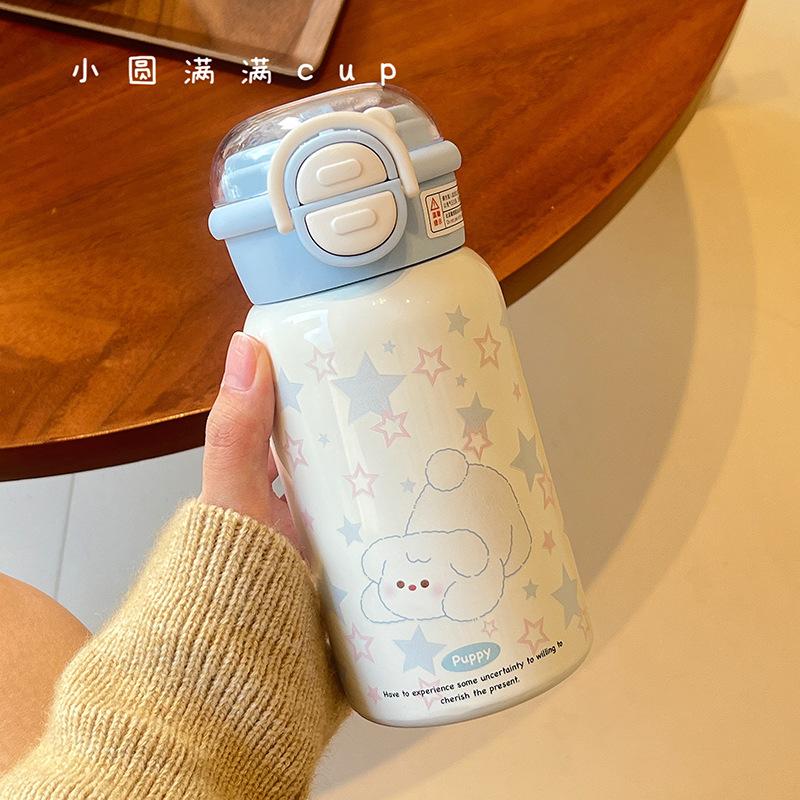 Thermos cup ins new girls high-value stainless steel cartoon straw cute kitten student portable water cup