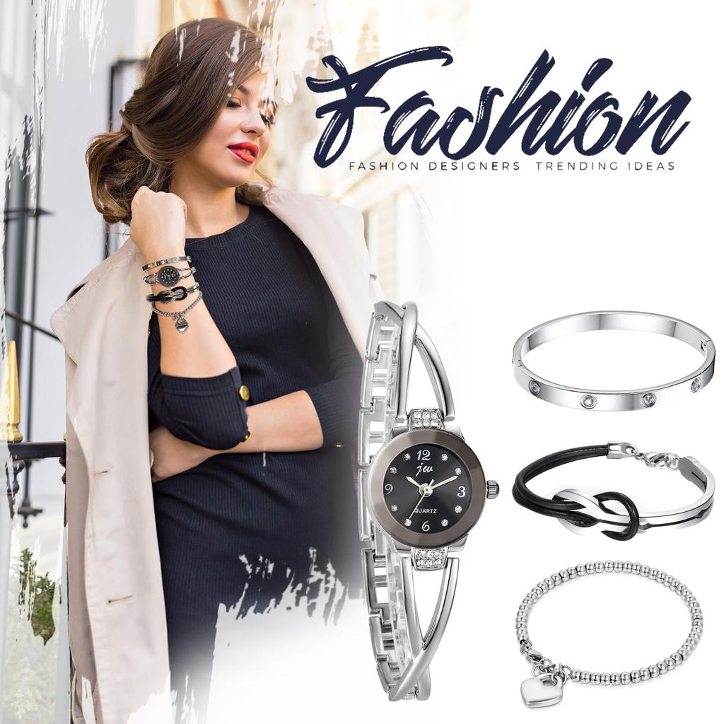 Cute Stainless Steel Bangle Silver Infinity Code Heart Bracelet Waterproof Quartz Watch Bracelet 4 Piece Set Christmas Day Gift for Mother Women's