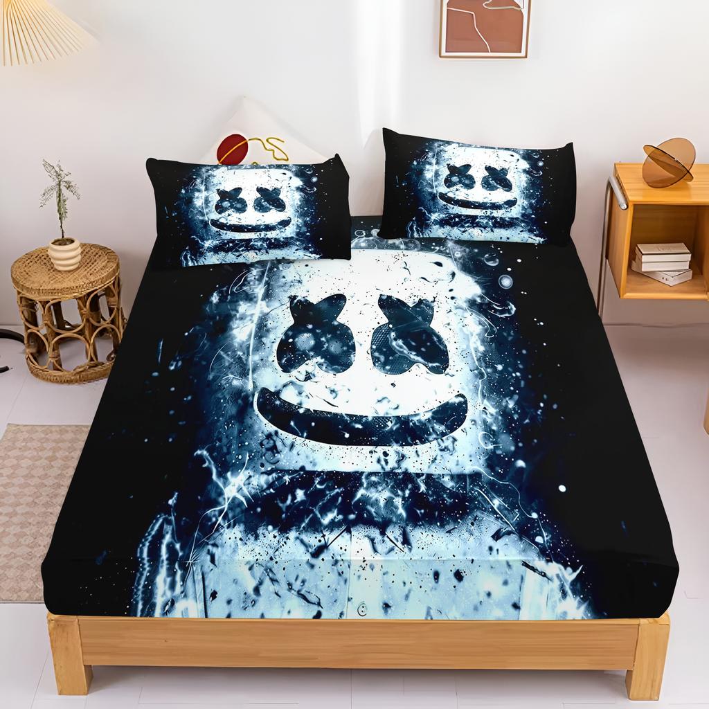 Cartoon Marshmallow DJ Anime Bedding Set Digital Printed Bed Sheet And Pillowcase Cartoon Design Elastic Fitted For Bedroom