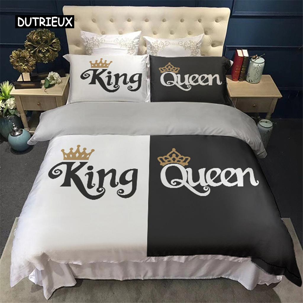 Пары Современный пододеяльник Queen 220x240 260x240 Комплект постельного белья Crown Черно-белый покрывало для двуспальной кровати 2 сп Взрослый спальный гарнитур