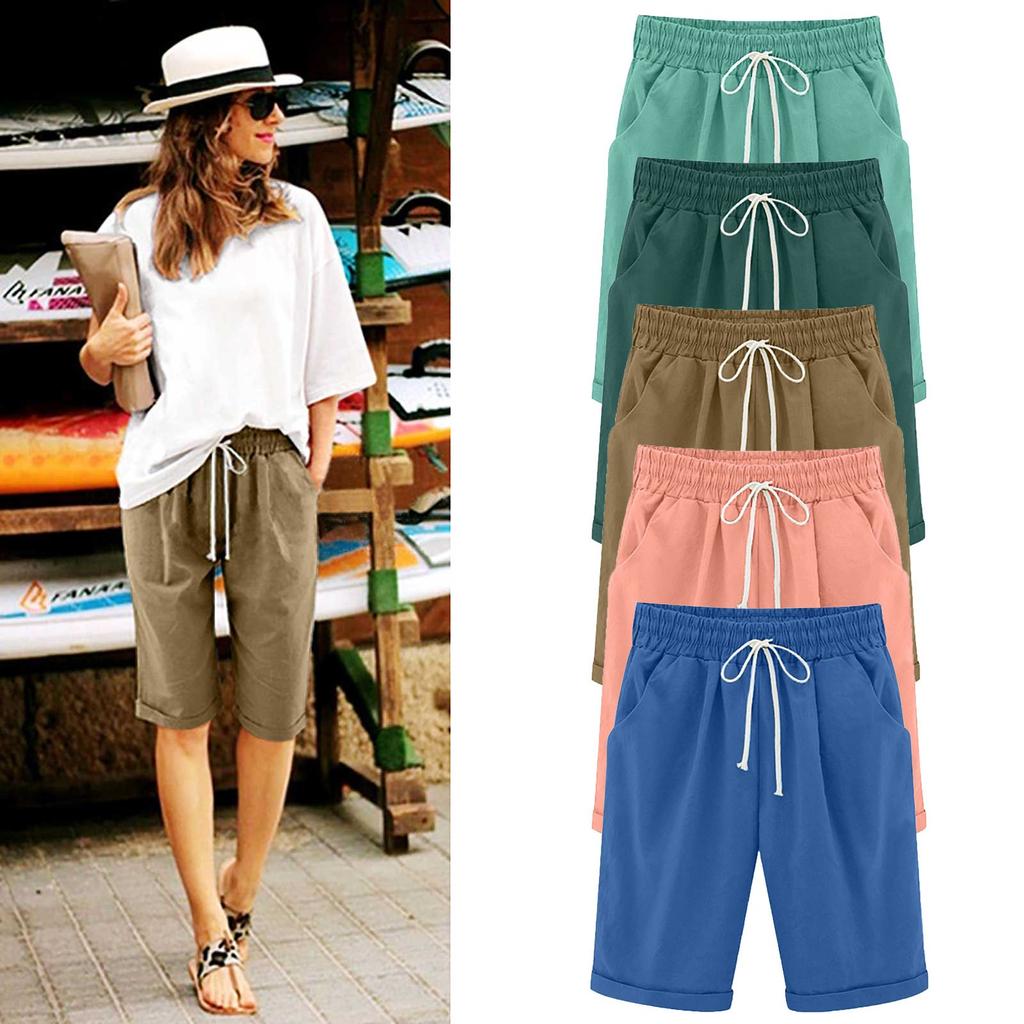 Women's Casual Loose Beach Pants Solid Color Loose Casual Fifth Pants Pockets  Linen Shorts