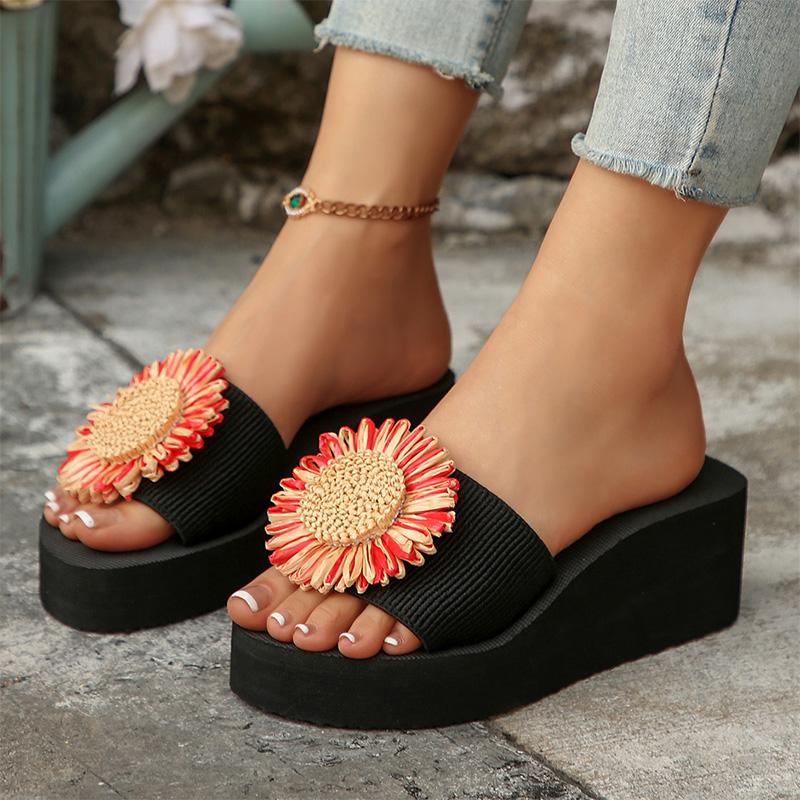 Fashion Sunflower Wedges Sandals for Women Plus Size Thick Sole Non Slip Slippers Woman Summer Light Comfort Chunky Platform Slippers