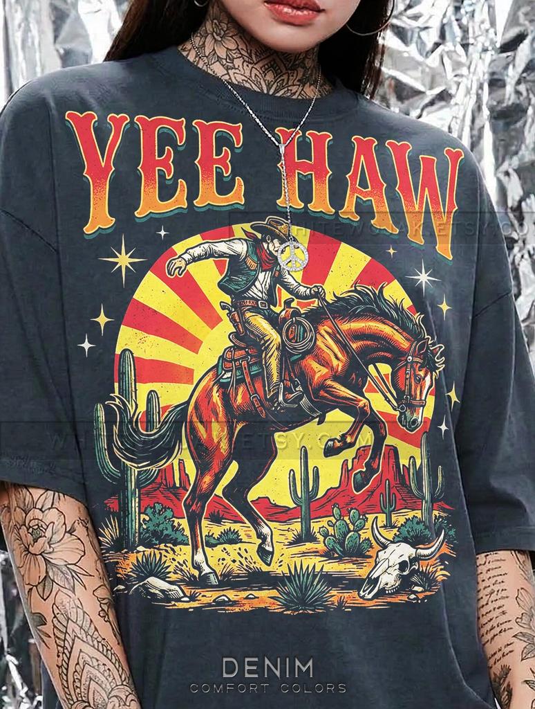 Yee Haw Retro Western Cowboy Comfort Colors® Tshirt, Vintage Rodeo Graphic Faded Tees, Y2K Country Streetwear Desert Gift,
