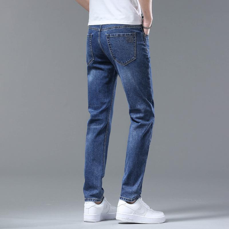 High-end Men's Jeans Dark Blue Abrasive White Tide Soft Breathable Men's Slim Thin Casual Straight Trousers Male