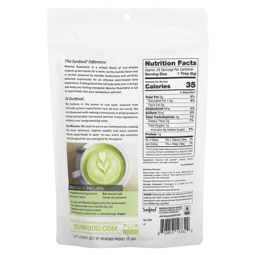 Sunfood Organc Matcha Super Latte, 170g (6oz)