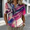 Женская рубашка-henley с коротким рукавом, на пуговицах спереди, смесовая ткань из льна и хлопка, повседневная блузка с принтом, легкий летний топ