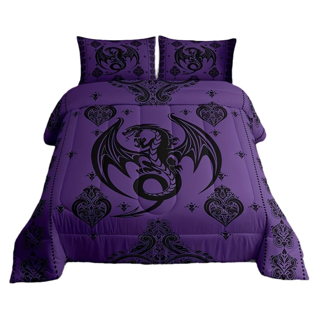 3pcs Purple Black Dragon Comforter Set Queen Size Vintage Boho Floral Print Bedding Set Paisley Pattern Quilt Set