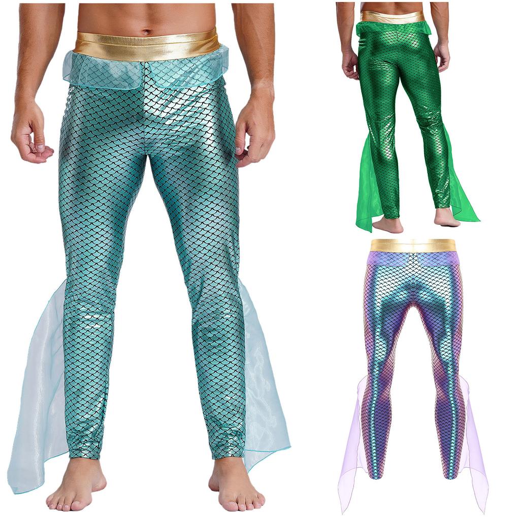 Mens Mermaid Pants King of the Seas Costume Elastic Waist Metallic Shiny Fishscale Print Tights Leggings