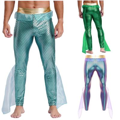 Мужские брюки костюма русалки Эластичная талия Металлические блестящие леггинсы с принтом рыбьей чешуи Хэллоуин Косплей Колготки