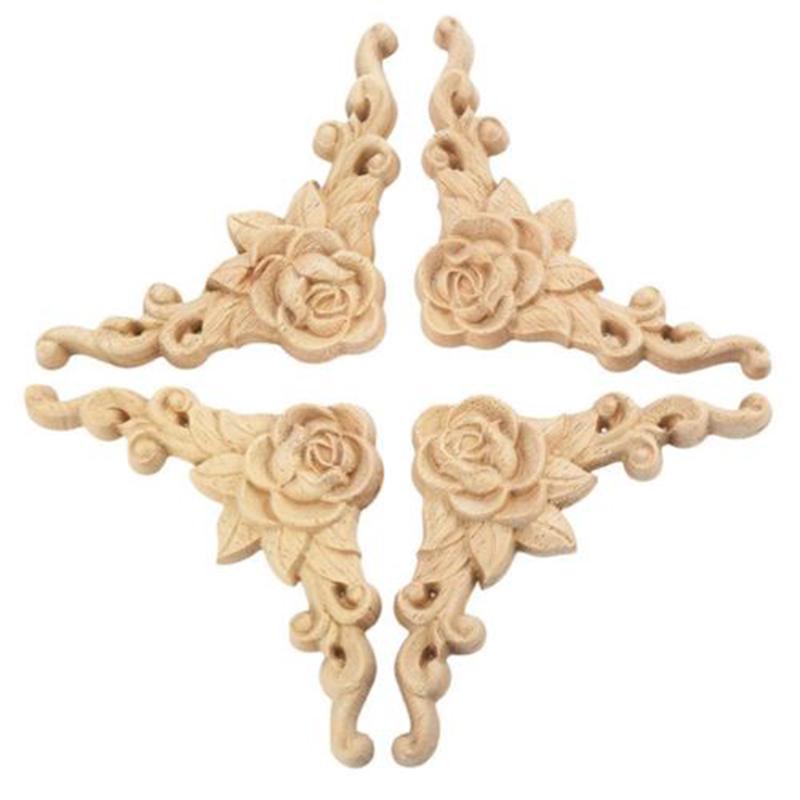 4pcs 8*8cm Wood Carved Corner Onlay Applique Door Cabinet Rose Unpainted Europ