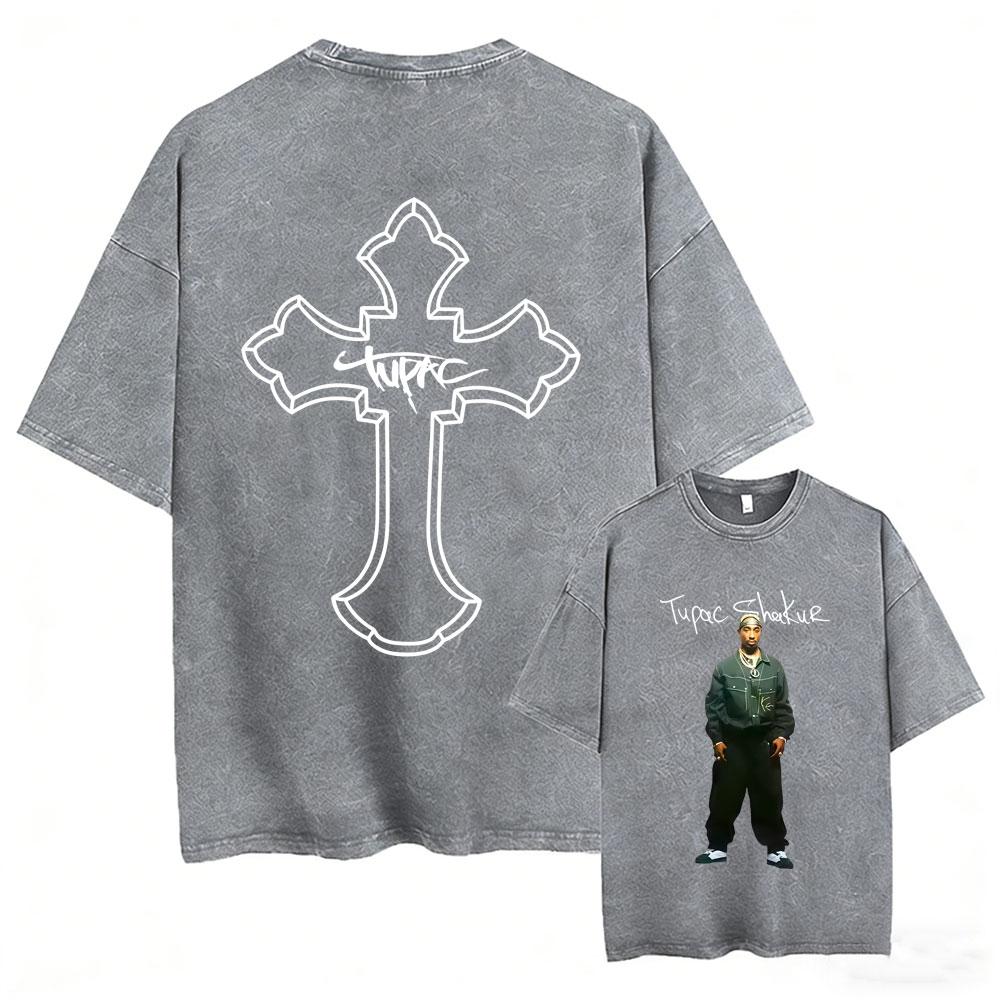 Футболка мужская Tupac 2pac All Eyez on Me Cross Винтажная стираная Хип-хоп Мода Ретро Футболка Мужская Повседневная Оверсайз Футболки