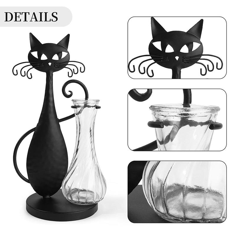 Ручная работа Мультяшный кот Уникальная цветочная композиция Домашний декор Цветочное искусство Креативная стеклянная ваза DIY Железное искусство Экологичный черный